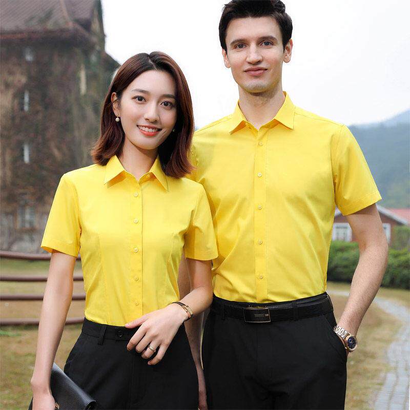 男女同款上班服黄色衬衫女短袖竹纤维衬衫工作服正装定制刺绣LOGO
