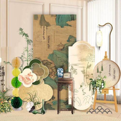 新中式国风龙周岁生日布置装扮简约绿色系背景KT板定制拍照氛围