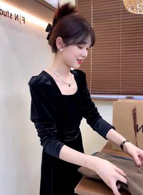 欧洲站春秋新款高级感名媛黑色长裙子女收腰显瘦金丝绒方领洋装