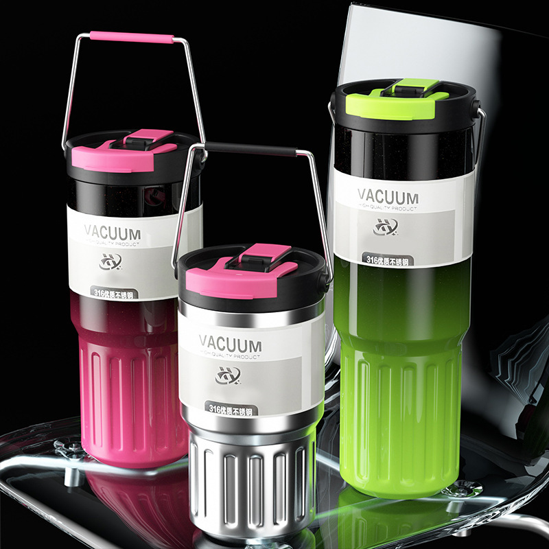 渐变提手保温杯 双饮大容量带吸管保温杯 高颜值户外畅饮水杯