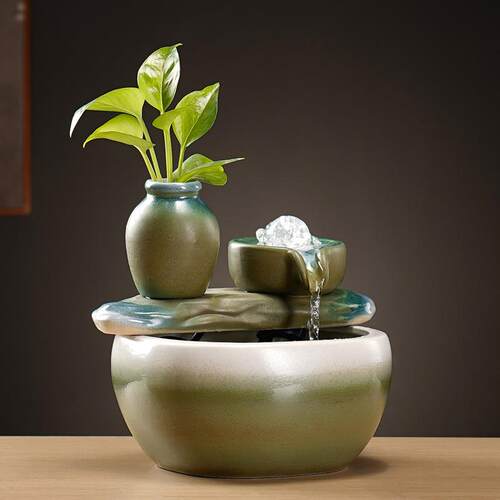 中禅意式陶瓷财出源滚POV滚流水摆件窑变绿造景装循饰环假山水加