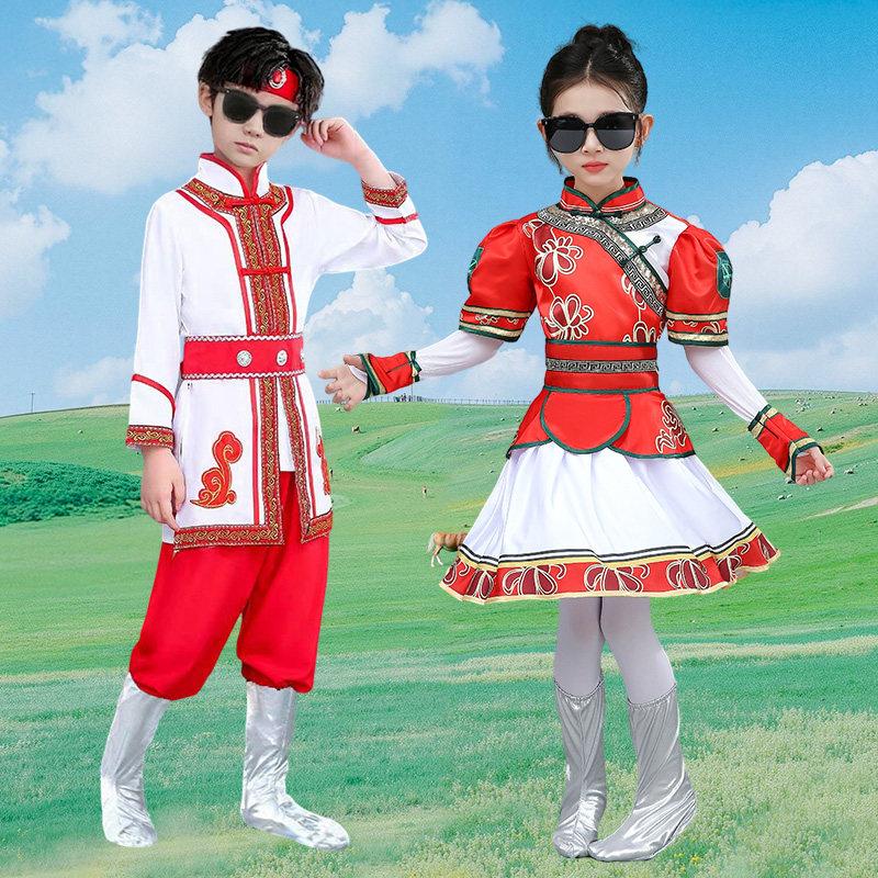 十一新款儿童蒙古族舞蹈演出服少数民族表演服蒙古袍女童短裙筷子