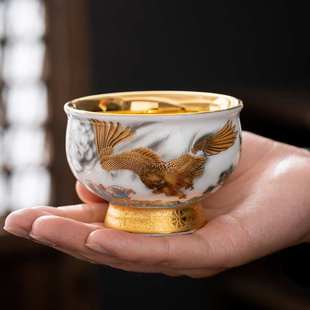 厂家直销德化玉瓷鎏金茶杯主人杯个人专用杯龙凤金盏情侣对杯