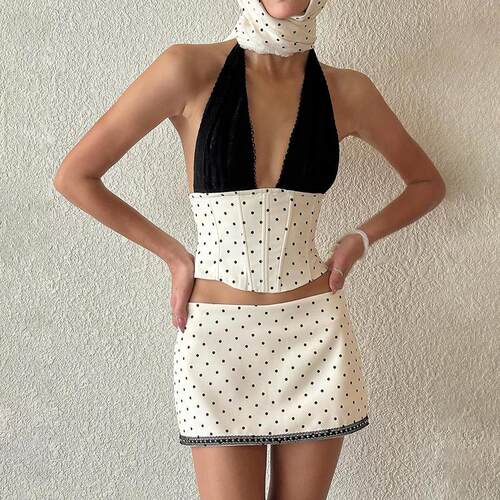 White spliced deep V-wave dot top, high waist skirt set,