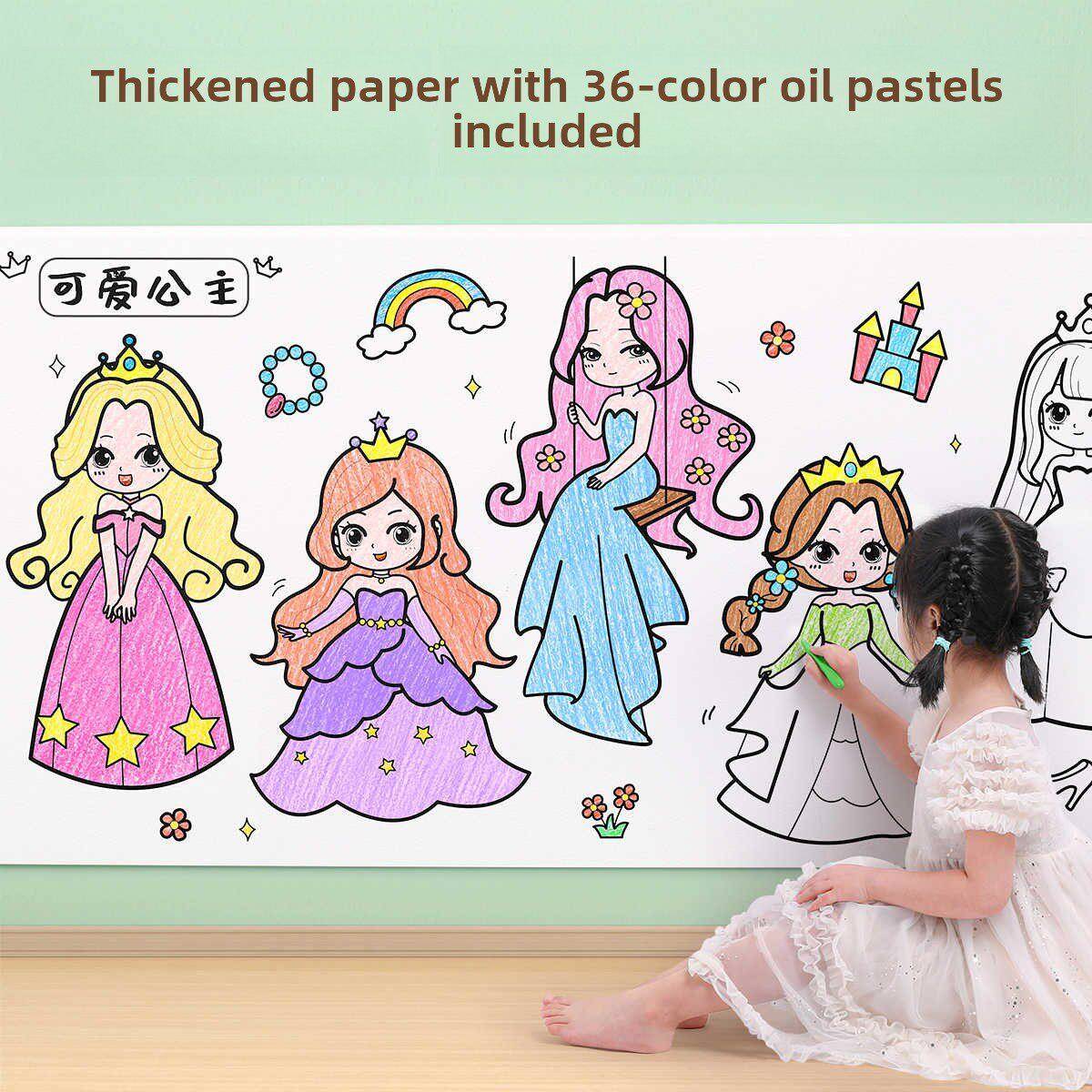 儿童涂鸦卷轴女孩的着色画大画纸超长的彩色填充公主卷轴可以附着
