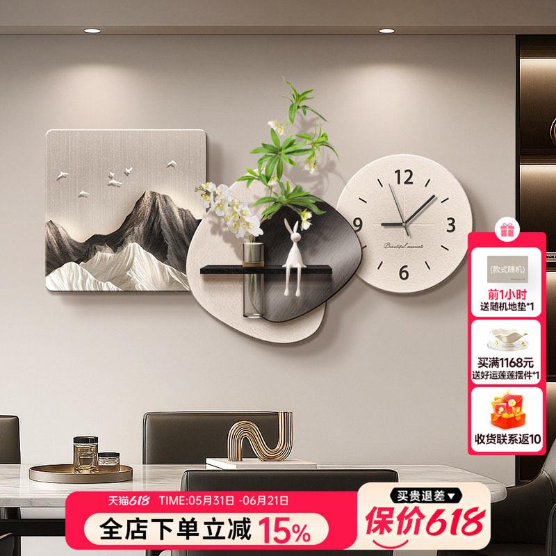 高级感立体饭厅装饰画挂画轻奢石来运转钟表画客厅沙发背景墙壁画