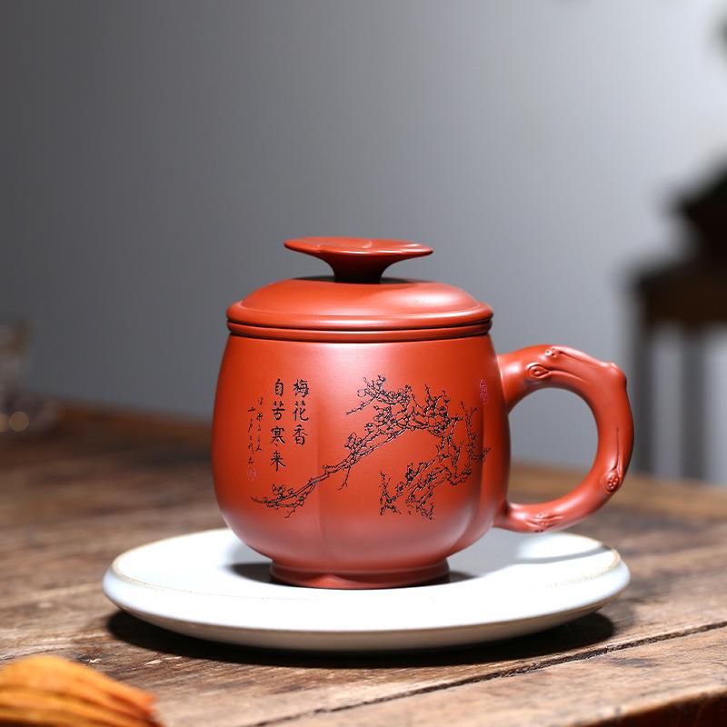 紫砂盖杯茶具原矿黄段泥梅花办公杯套组茶漏过滤三件套茶杯子厂家