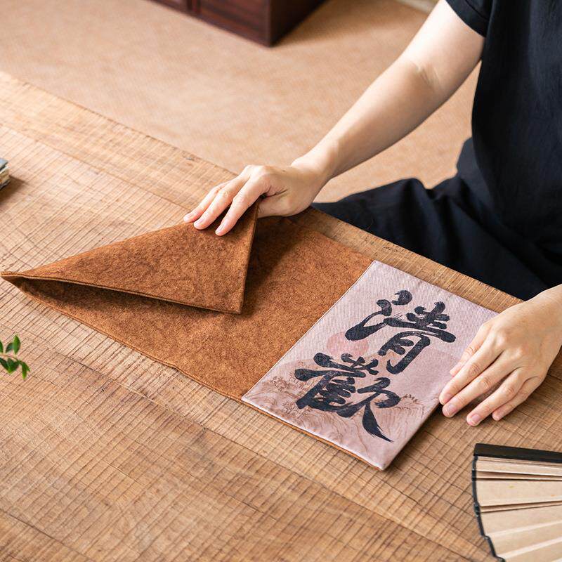 新中式书法拼布茶席草木柿色扎染桌旗干泡垫帆布隔热垫长方茶布垫
