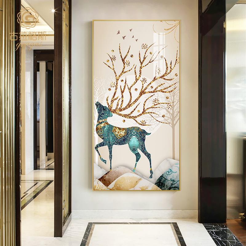 中式高档入户玄关装饰画竖版轻奢现财鹿壁画客厅餐厅走廊挂画
