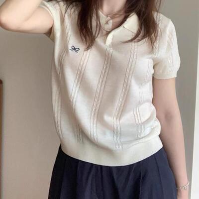 韩系麻花刺绣polo短袖正肩针织衫T恤女夏高级感独特别致短款上衣