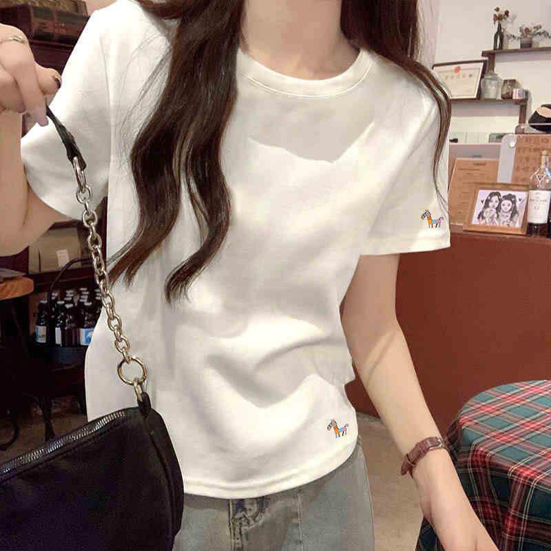 韩国白色修身短袖T恤女2026夏新款卡通印花设计感内搭正肩上衣潮