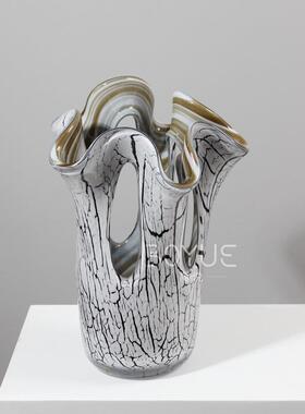 轻奢复古冰裂纹灰白色镂空琉璃花瓶样板房客厅酒店前台软装插花器