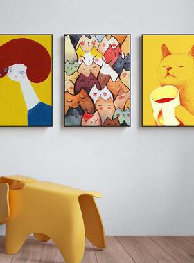 北欧风SQ5189格厅装饰画咖餐厅个性挂明黄色猫咪人物挂画画啡厂家