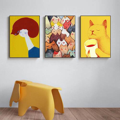 北欧风格餐厅装饰画咖啡厅个性挂画明黄色猫咪人物挂画厂家