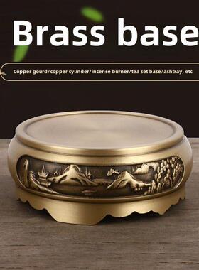 纯黄铜底座浮雕纯铜圆形底座家用室内香炉座米缸福缸工艺制品底座