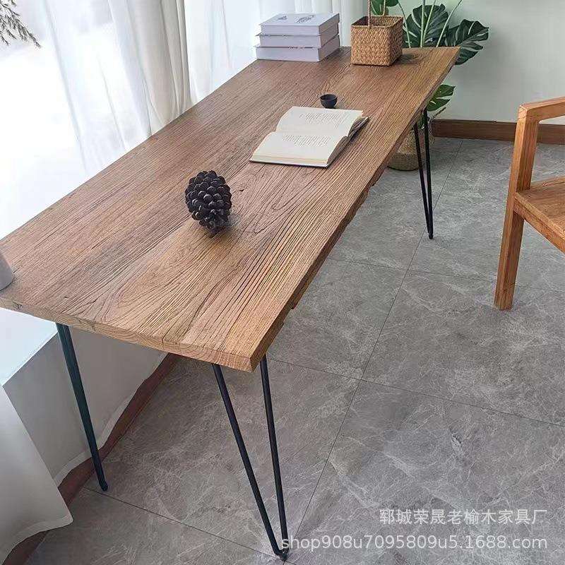 新中式老榆木门板茶桌铁艺实木书桌旧木板餐桌民宿咖啡厅复古长桌