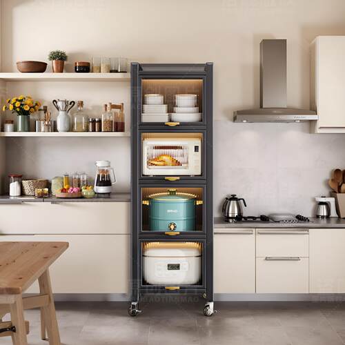 厨房置物架落地多层收纳柜子微波炉家用带门夹缝多功能整体橱柜收