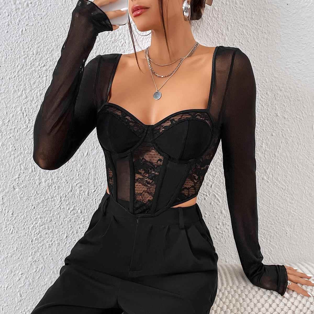 Mesh Fashion Long Sexy Lace Slim Neck Black Top Street