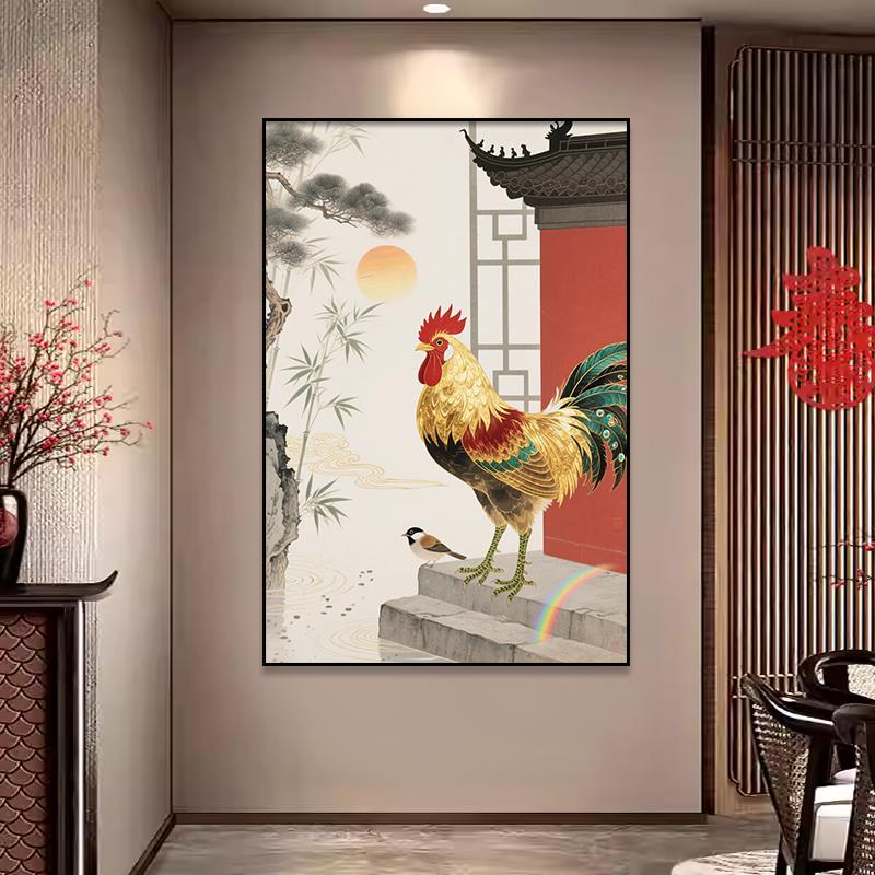 红色大公鸡挂画国画金鸡报晓风水装饰画客厅玄关金鸡独立雄鸡油画图片