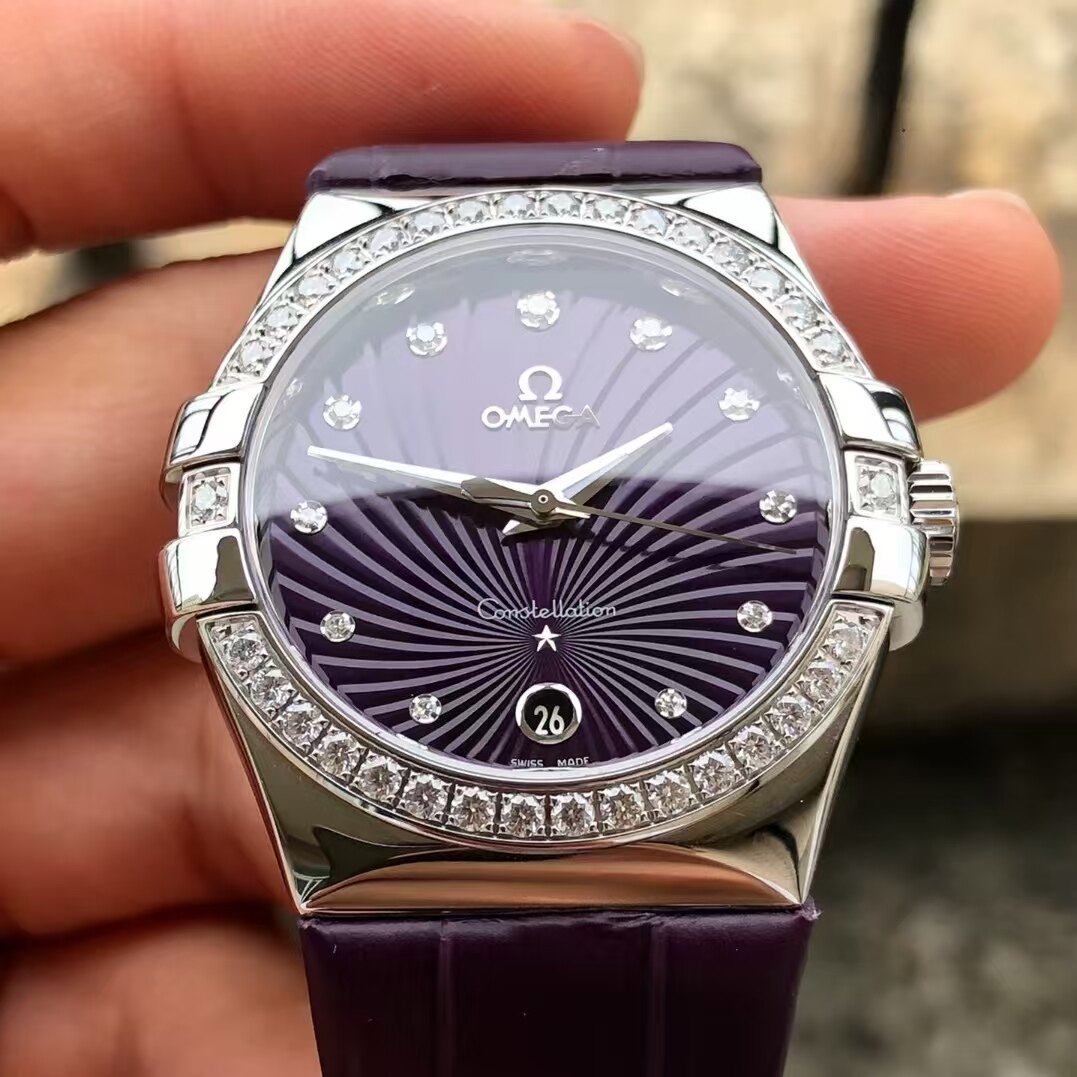 专柜价67400】98新35mm欧米茄星座原钻日历紫盘123.1石英女表正品