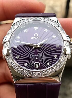专柜价67400】98新35mm欧米茄星座原钻日历紫盘123.1石英女表正品