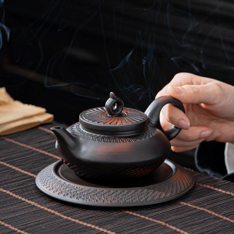 紫陶茶壶单壶浮雕紫泥纯手工泡茶建水紫砂壶西施壶功夫茶具手抓壶