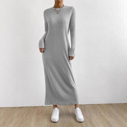 Round neck knitted long sleeved dress for women