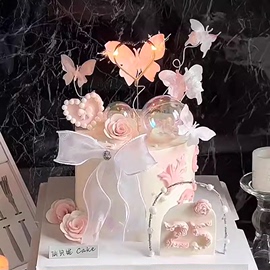 蝴蝶结母亲节蛋糕装饰幻彩透明球球女神仙女粉色蝴蝶，甜品台布置f