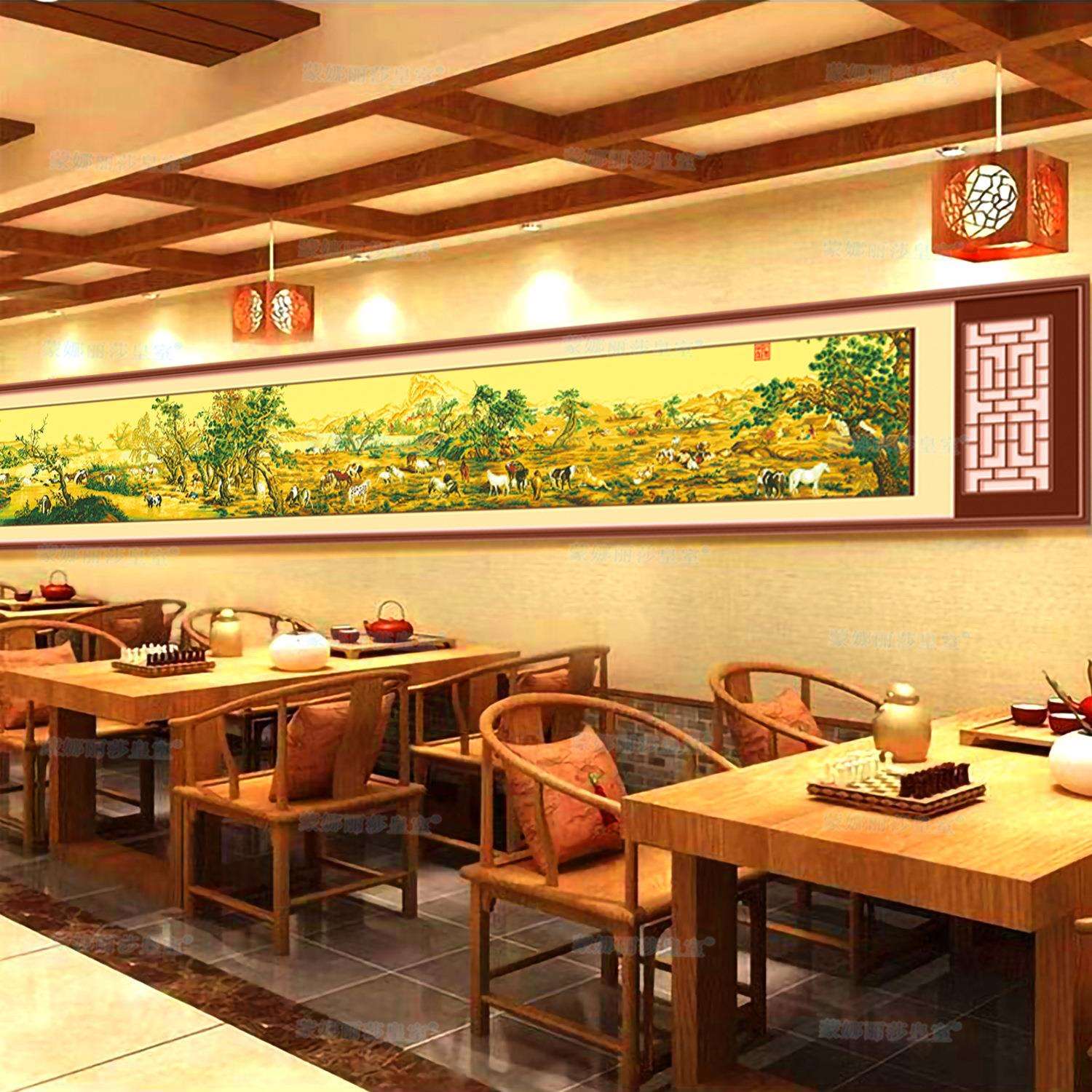 十字绣百骏图全卷新中式手工线绣装饰画