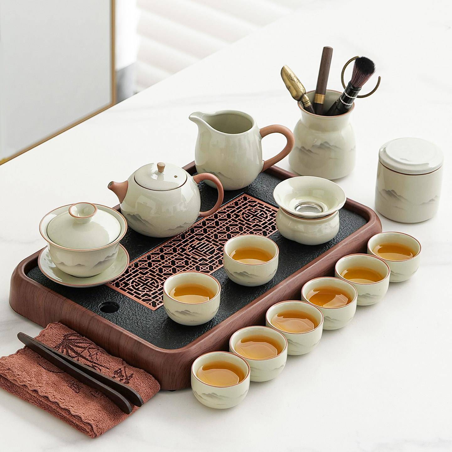汝窑茶具套组家用陶瓷茶杯泡茶壶会客厅轻奢整套功夫茶具高档定制