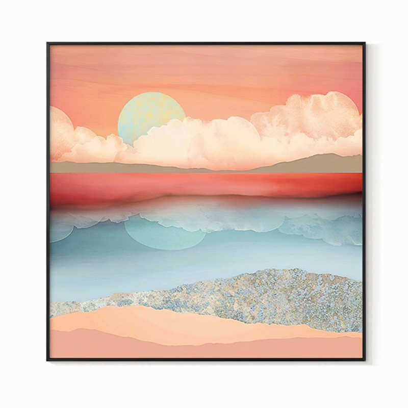 北欧客厅装饰画抽象小清新风景挂画现代简约大尺寸正方形三联壁画