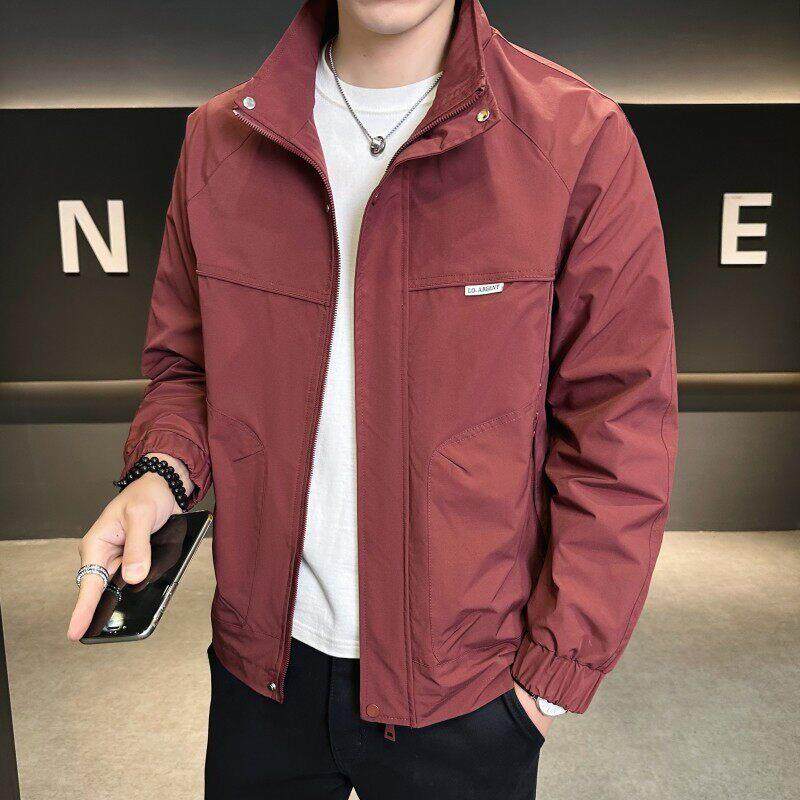 2025新款立领夹克男士春秋季潮流帅气休闲工作服青年上衣酒红色外