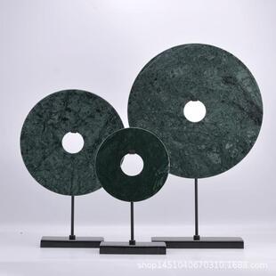 新中式 饰品 绿色大理石圆形扣圆环摆件轻奢样板房间玄关桌面软装
