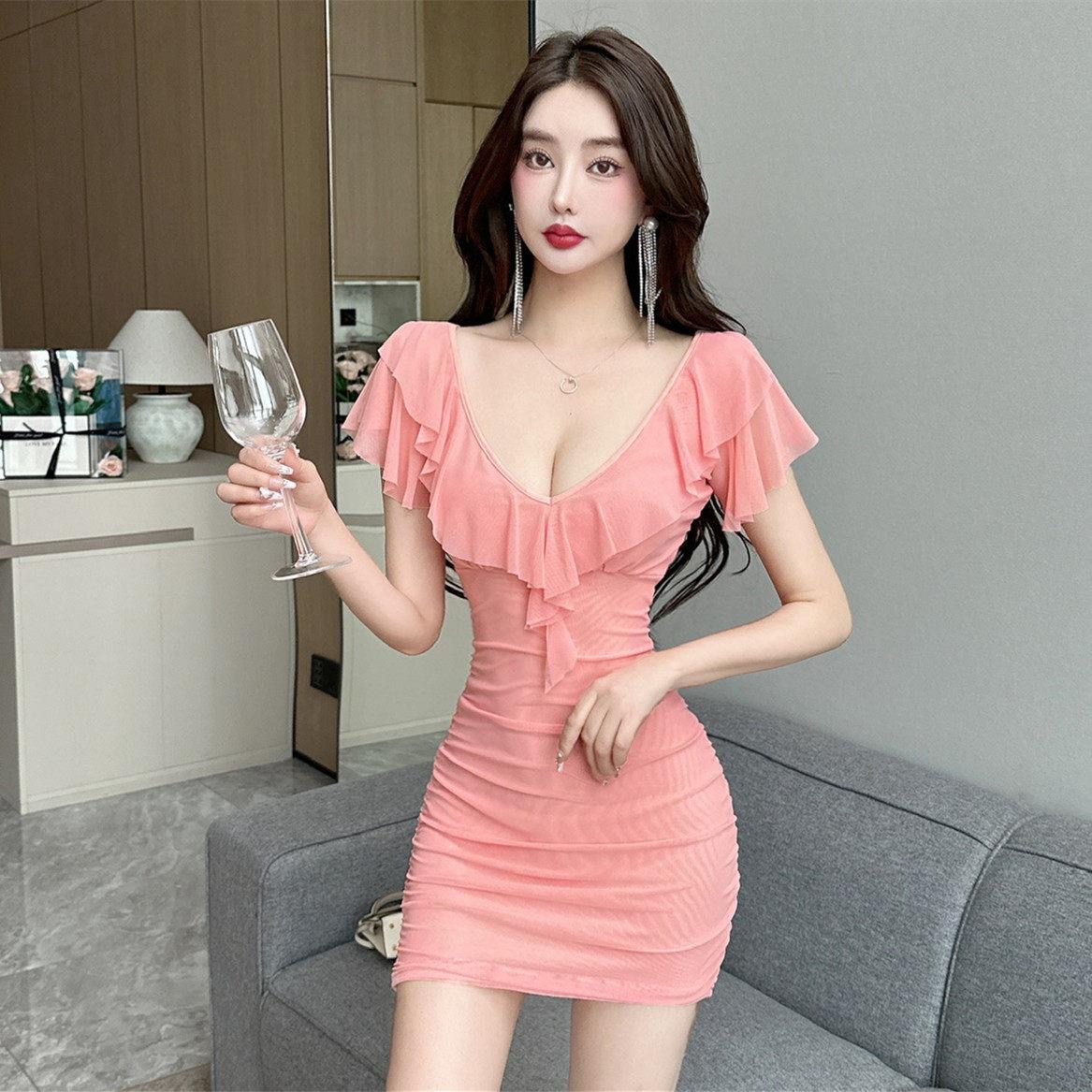 夜店遮肚子显瘦女夏低胸夜场工作服夜总店性感洋装桑拿技师裙