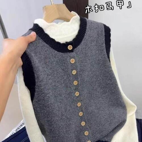 上衣撞色圆领针织开衫马甲女秋冬季新款宽松毛衣背心坎肩叠1002d