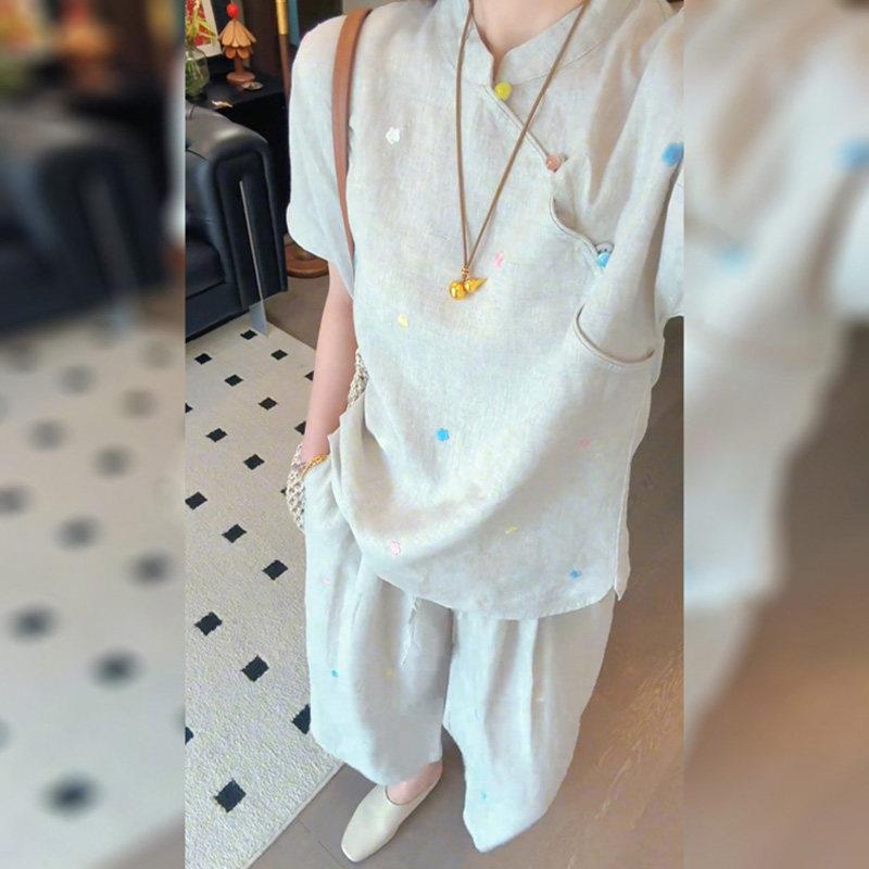 极速休闲两件套轻国风斜襟短袖上衣女宽松直筒阔腿裤子穿搭一整套