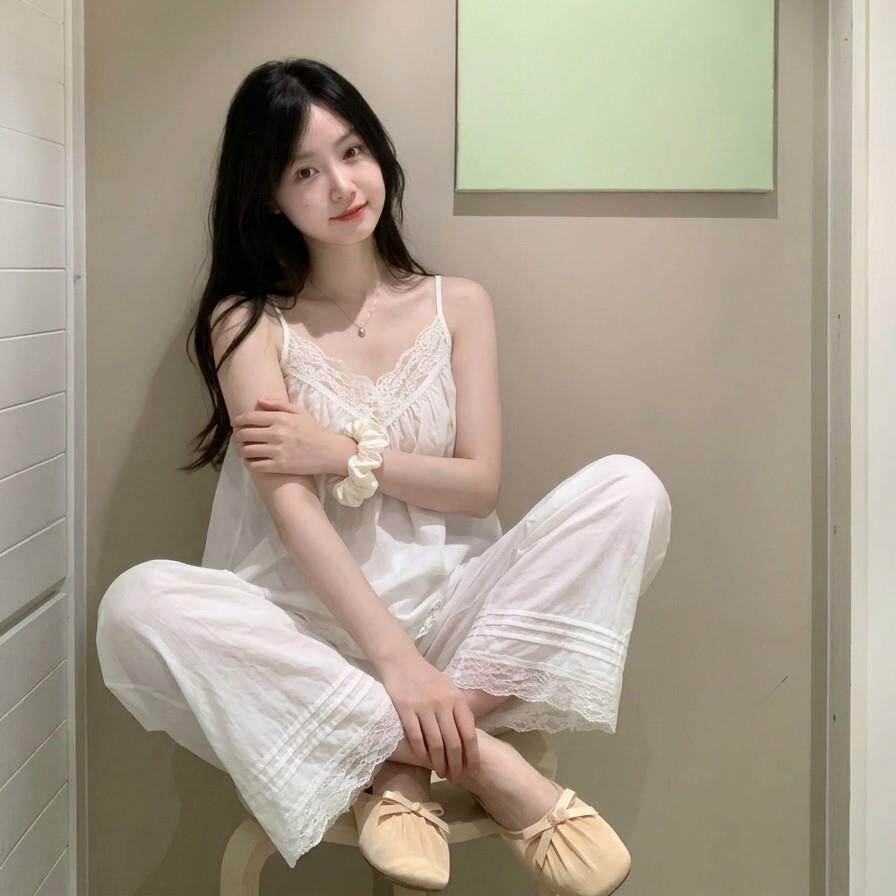 法式公主风白色蕾丝吊带睡衣女款夏季新款背心长裤家居服大码套装