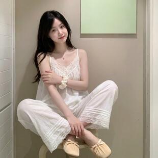 法式公主风白色蕾丝吊带睡衣女款夏季新款背心长裤家居服大码套装