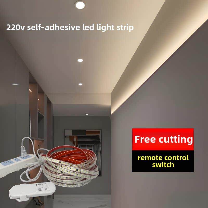 超亮220v自粘遥控led灯带插电就亮超薄软灯带线条灯线槽展柜贴片