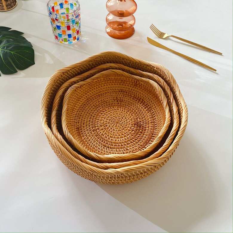 越南藤编批发收纳水果篮面包篮糖果零食藤编收纳篮点心盘圆形篮子