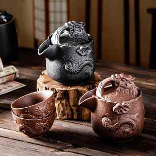 中式朱泥紫砂壶手工泡茶壶手抓壶家用快客杯功夫茶具腾龙壶套装