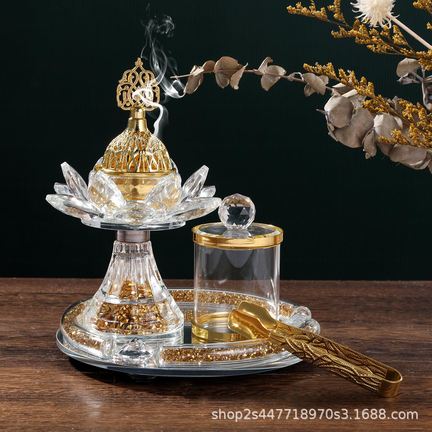 金色亮钻莲花水晶玻璃香炉中东香薰炉客厅摆件阿拉伯套装檀香