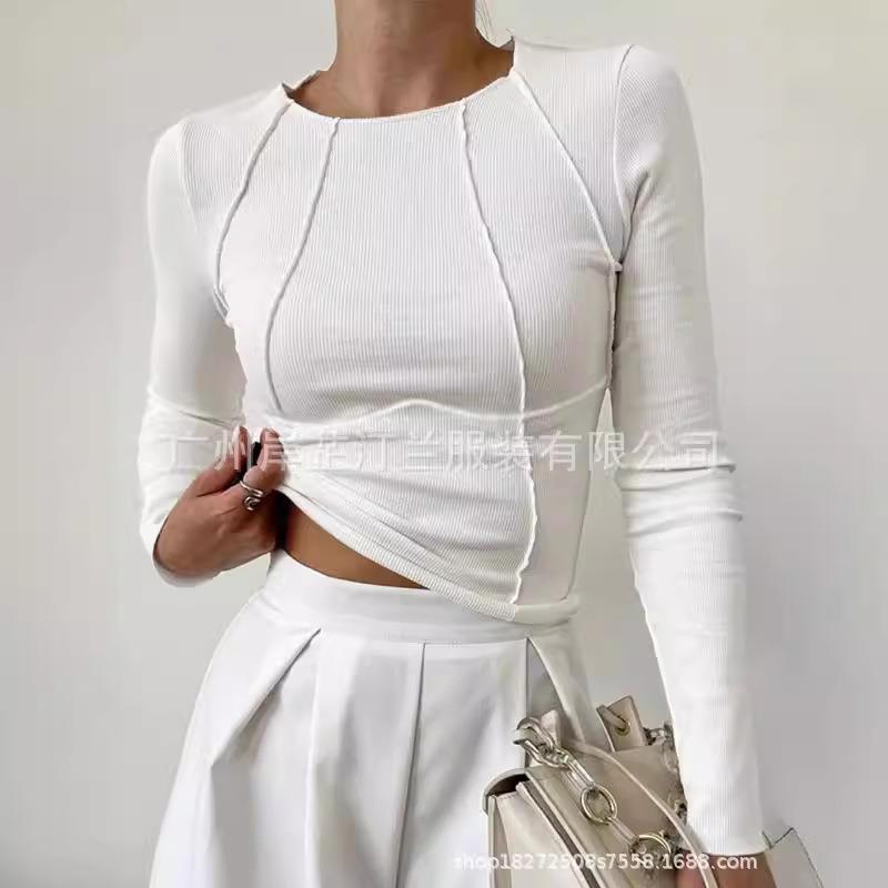 Solid color split chest long sleeve round neck T-shirt top