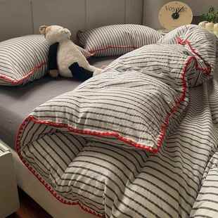 简约条纹全棉水洗棉被套单件150x200x230纯棉被罩四件套宿舍1.5米