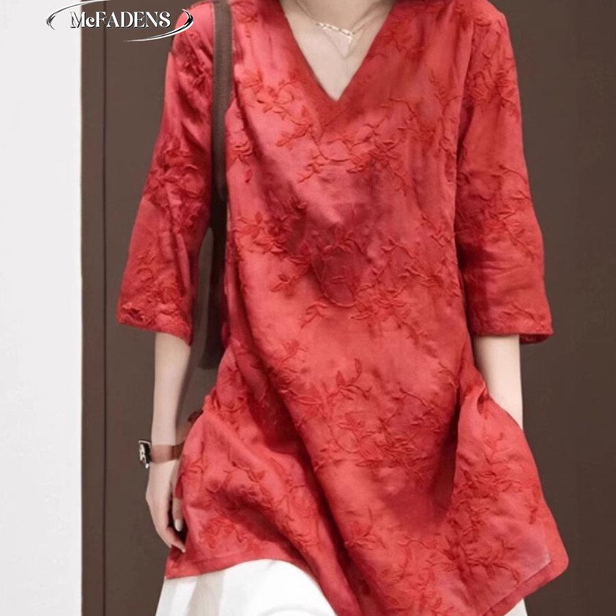 香港欧洲站刺绣棉麻中长版衬衫女夏季复古盘扣开叉苧麻妈妈装上衣