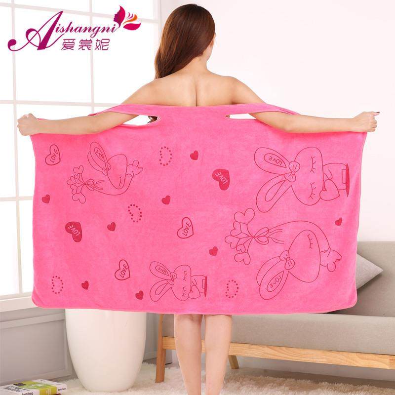 新款直销百变魔术可穿浴巾超细纤维美容院女士吊带浴裙卡通印花沙