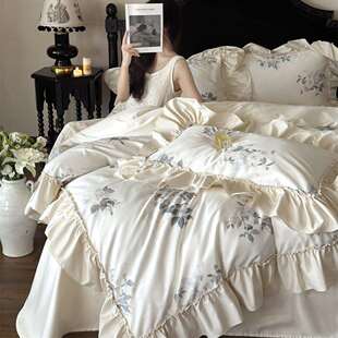 100s长绒棉植物花卉印花四件套奶油色系褶皱拼边纯棉被套床单