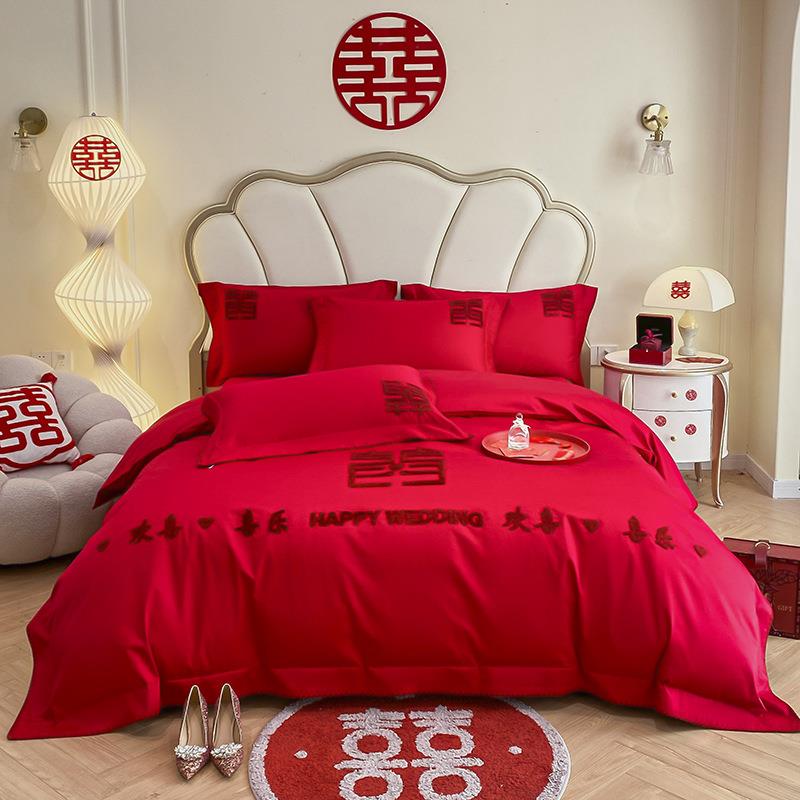 新款磨毛新婚庆四件套加厚大红色刺绣结婚婚嫁床单被套床上用品