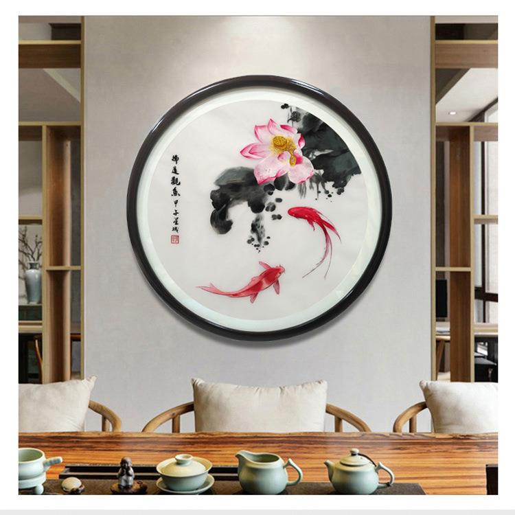 湖南湘绣挂画成品刺绣荷花实木圆形新中式玄关客厅壁挂手工精品绣
