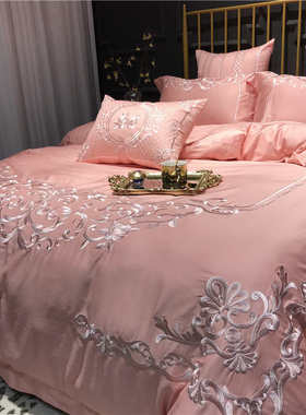 陪嫁支床肤嫁件套b0z四粉红色100棉婚高端婚庆床单被套床上用品亲
